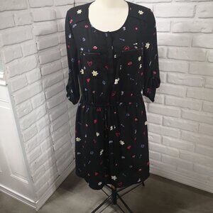 Reitmans Ladies Size Large Black w/ Flower Pattern Elastic & Tie Waist Dress